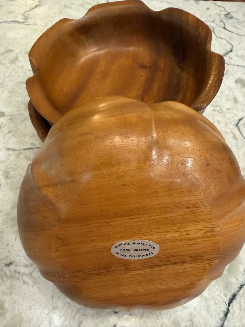 Vintage Monkey Pod Wood Bowls Set of 4 Handcrafted Philippines Scalloped